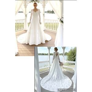 VTG 90s Demetrios SZ 12 White Satin Beaded Lace Long Sleeve Wedding Bridal Gown